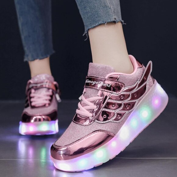 Kids Rose Usb Chargeable Led Light Up Wheeled Skate Sneaker Shoes - Picture 3 of 9